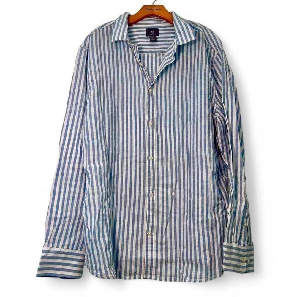 H&M blue and white striped slim fit button up shirt